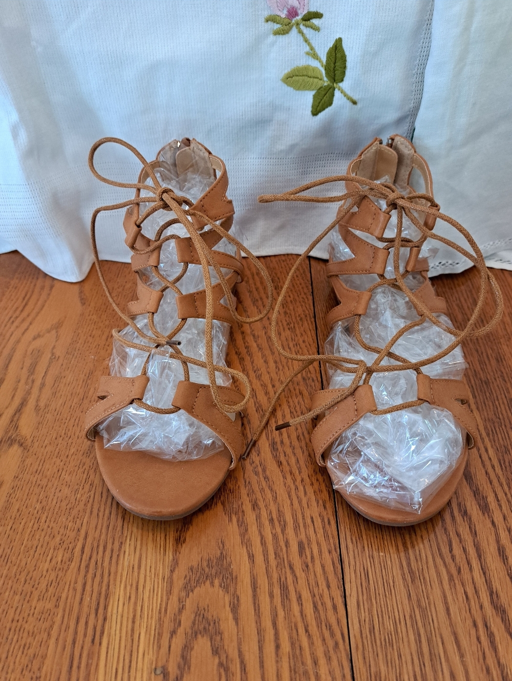 Women's Tan Lace-Up Gladiator Sandals with Ankle Ties